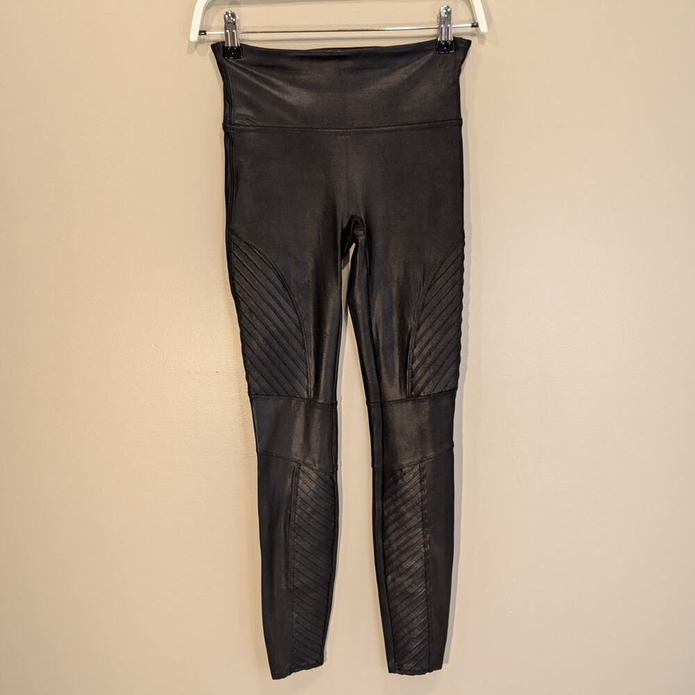 SPANX Faux Leather Leggings Moto High Rise Ankle Black Coated Stretch - Size S